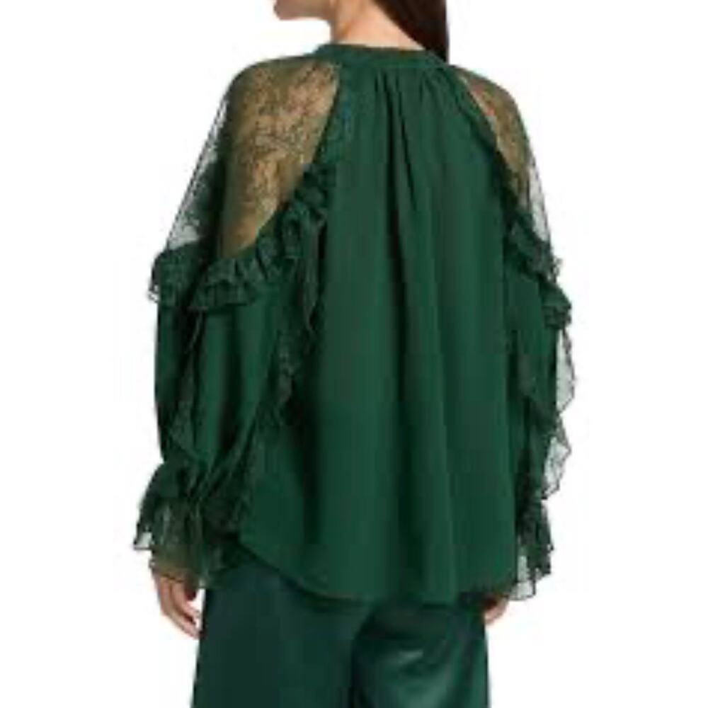 Alice + Olivia Aleena Lace Ruffled Blouse Green Mystique XS - Picture 2 of 10